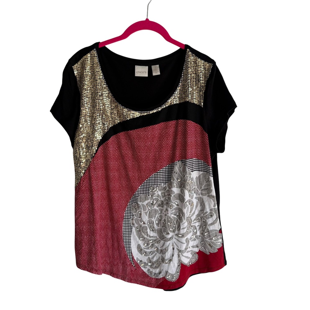 CHICO'S Black Red Gold Sequined Mixed Print Artsy Ladies Cotton Blouse, L‎
